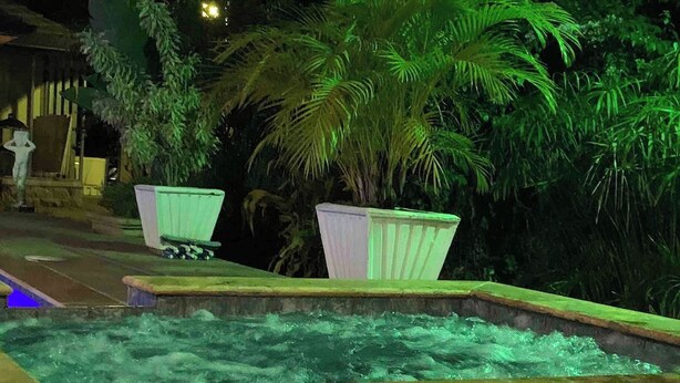 Une piscine bordée de pierres, entourée d’une végétation luxuriante et agrémentée de deux jardinières blanches.