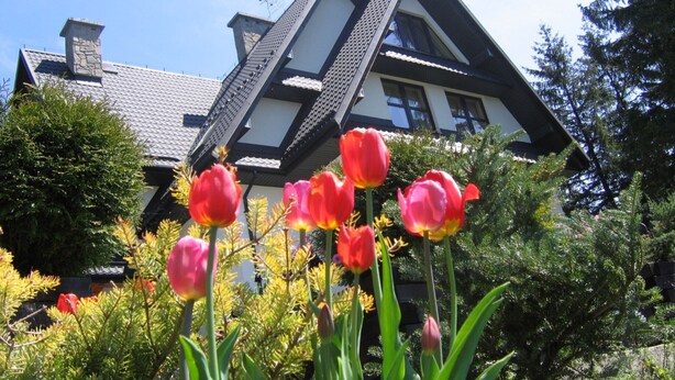 Une maison avec un toit à forte pente et une cheminée en pierre.