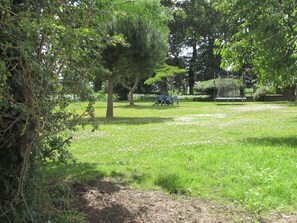 Ein Park mit Bäumen, Rasen und einer Bank.