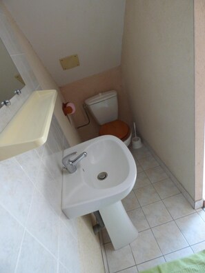Bathroom features a wall-mounted sink and toilet, a mirror above the sink, and a small shelf for storage.