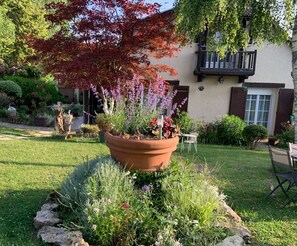 A garden with a large terracotta pot containing various plants and flowers. - Bed and breakfast for 2-7 people. (Chalautre-la-Grande)