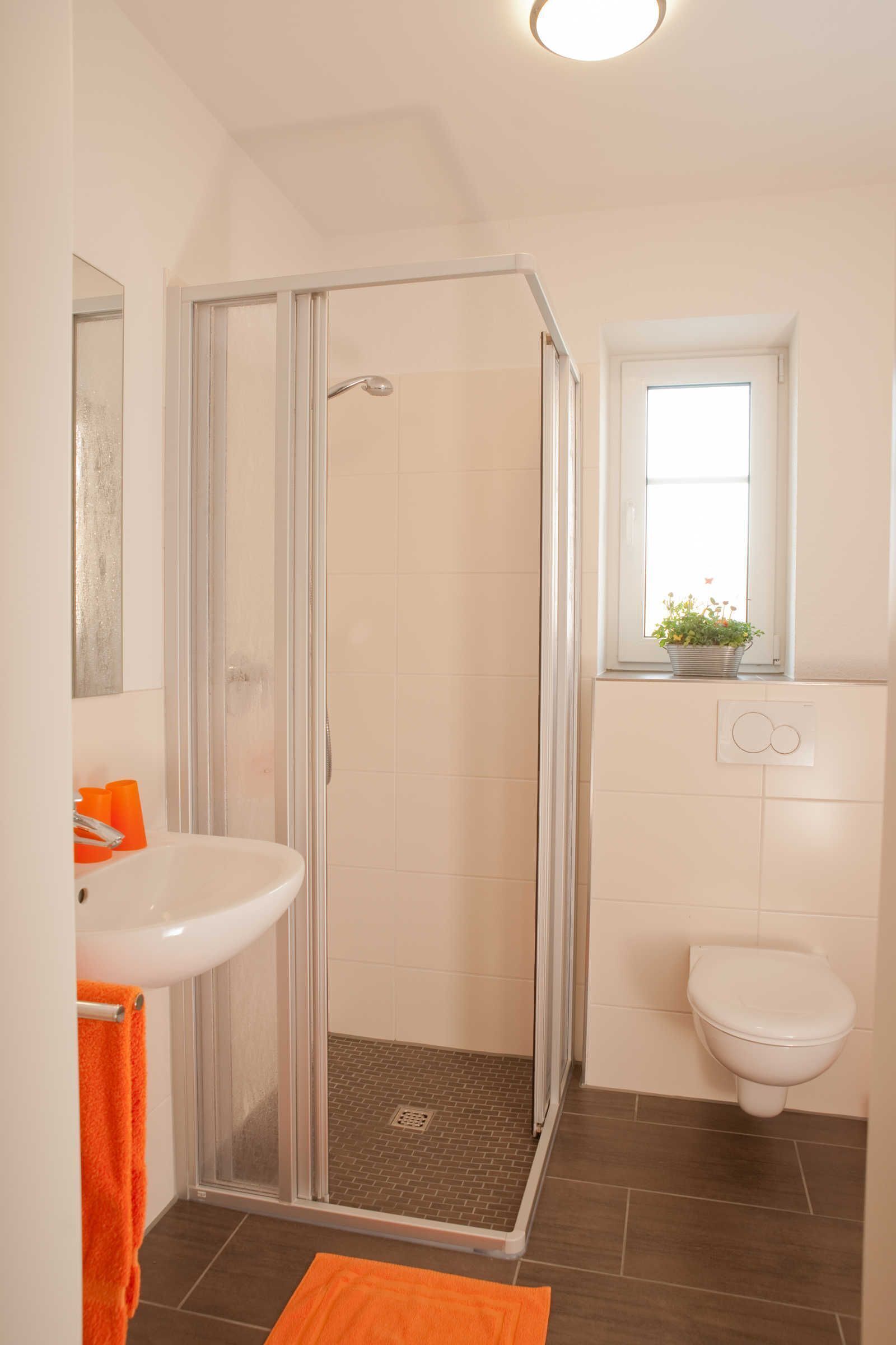 Une salle de bain équipée d’une douche, de toilettes, d’un lavabo et d’une fenêtre avec une plante.