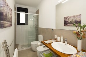 Shower, hair dryer, bidet, towels