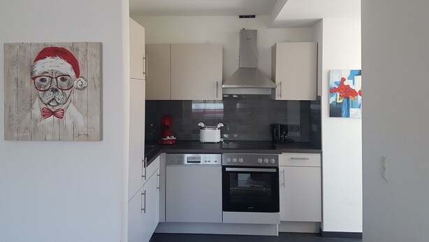 Een moderne keuken met witte kasten, een rvs afzuigkap, een vaatwasser en een oven. Op de muur hangt een schilderij van een hond.