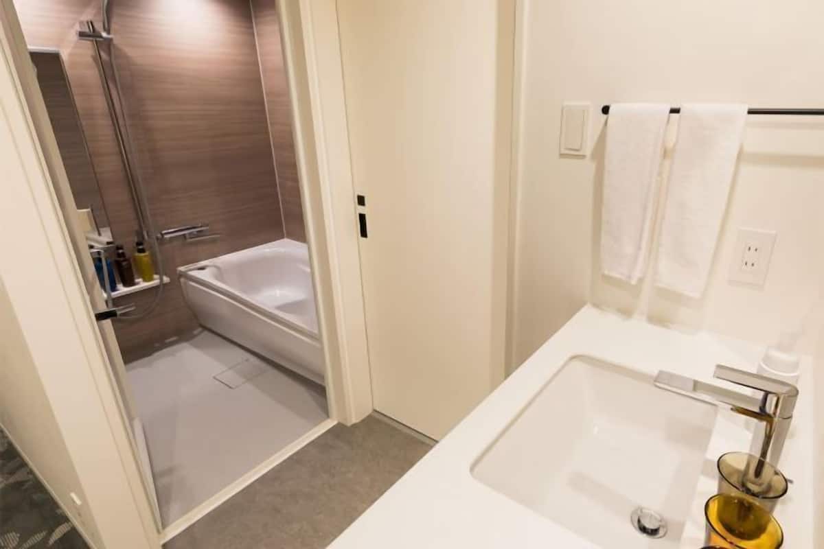 Haartrockner, Hausschuhe, Toilette mit elektrischem Bidet, Handtücher