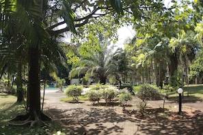 Un jardín con un camino empedrado, varios árboles y una pequeña zona de piscina.