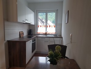 Fridge, stovetop, dishwasher, coffee/tea maker