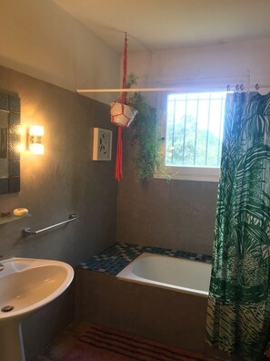 Bathtub, shampoo, toilet paper