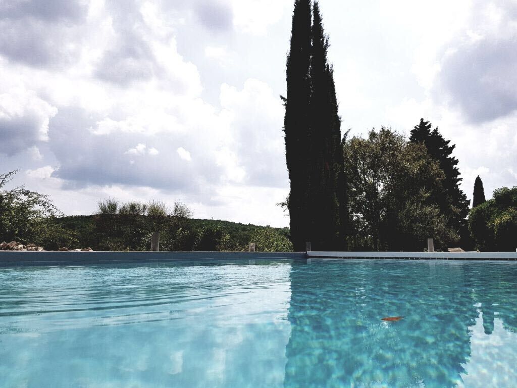 Piscina cristalina con vistas a altos árboles y un cielo nublado.