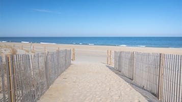 A sandy beach path leading to the ocean, flanked by wooden fences.