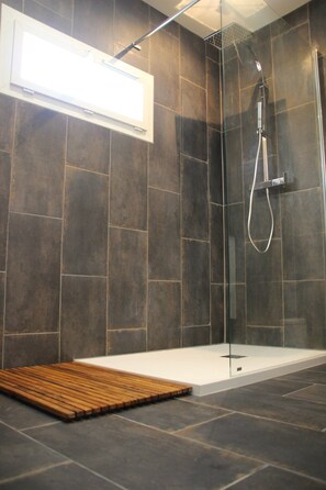Shower, hair dryer, soap, shampoo