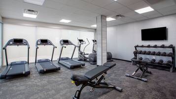 Une salle de sport équipée de tapis de course, d’un banc de développé couché et d’une série de haltères.