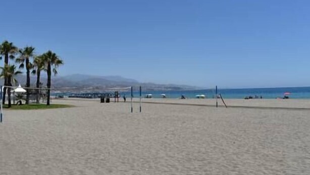 Ein Strand mit Volleyballnetz, Palmen und blauem Himmel.