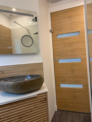 A modern bathroom with a wooden door, a large mirror, and a stone basin. - Apartment for 4 people, 2 bedrooms, with a terrace and ocean view, air conditioning, private parking (MONTICELLO)
