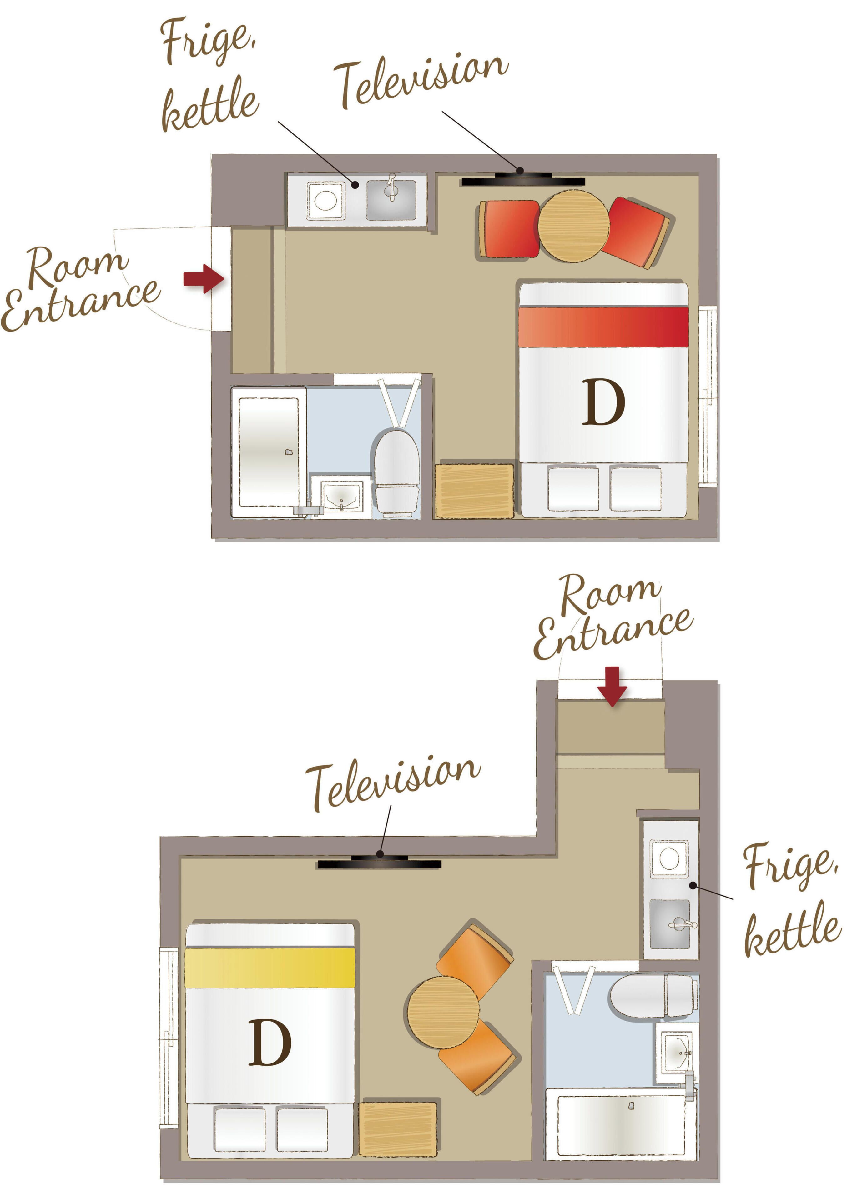 Indeling van een hotelkamer met kitchenette, televisie en een bed met de aanduiding 'D'.