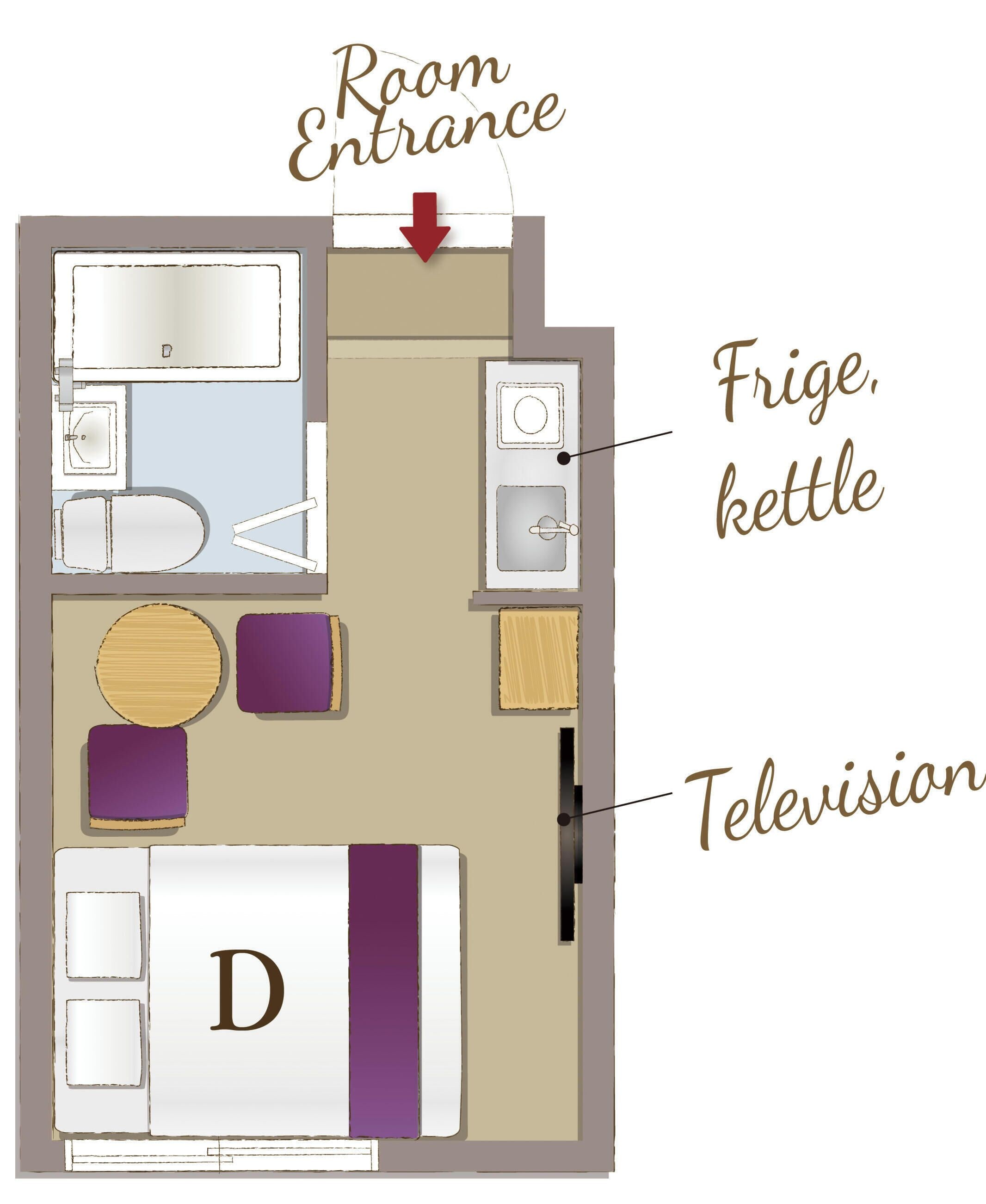 A room layout with a bed, a television, a fridge, and a kettle.
