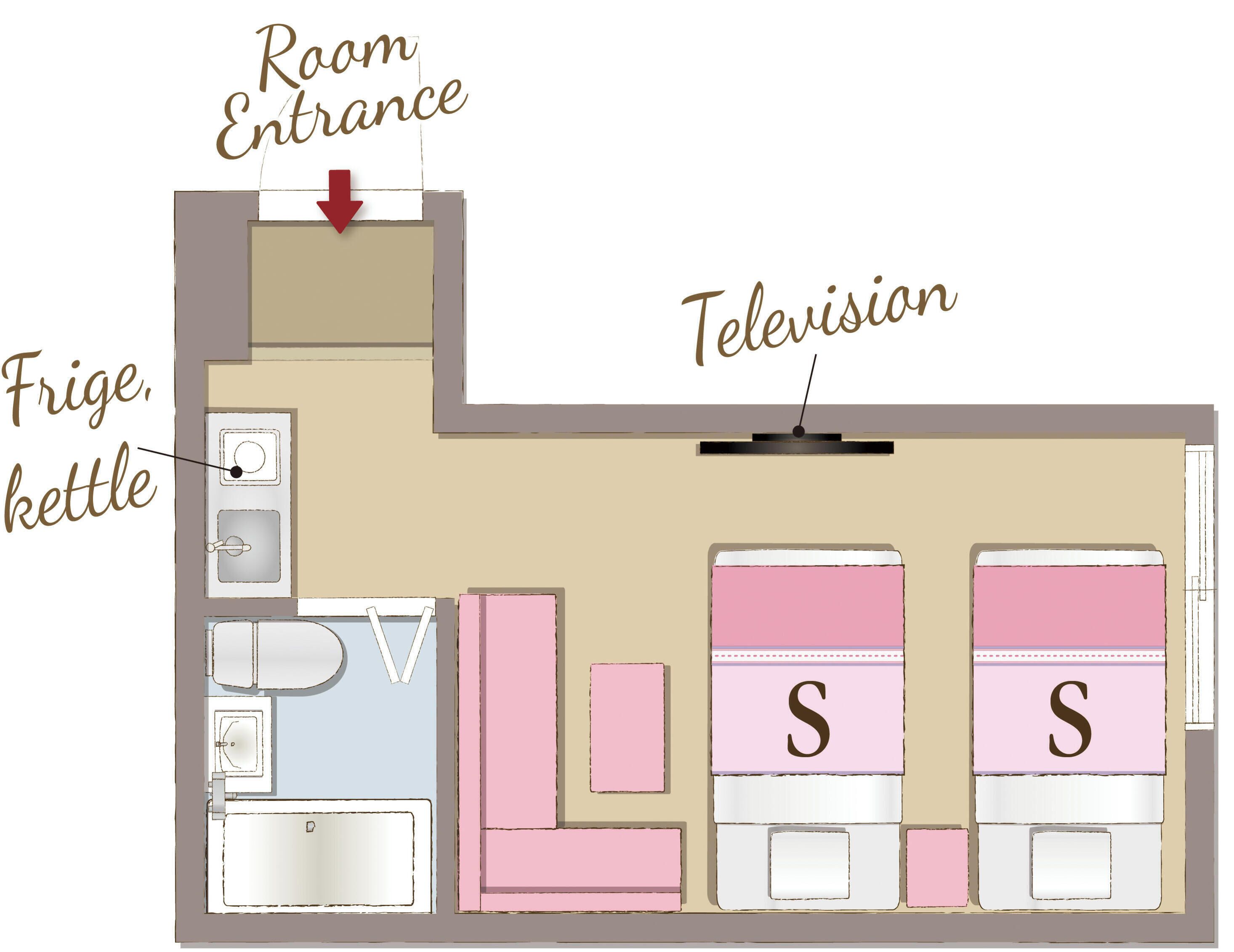 Distribución de una habitación con kitchenette, televisión y dos camas.