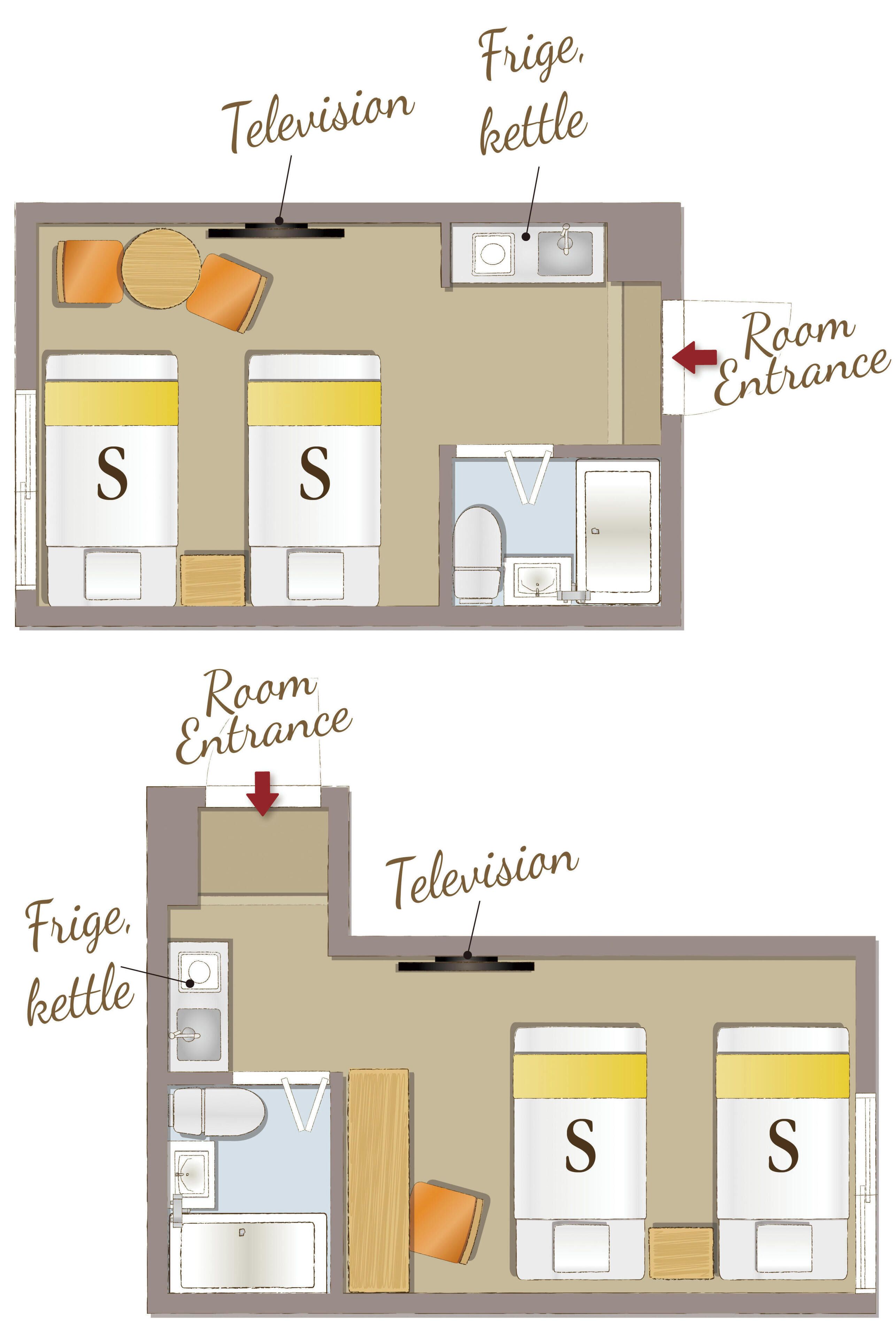 Distribución de una habitación de hotel con televisión, kitchenette y dos camas.