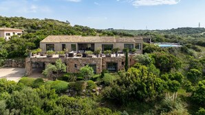 Una villa moderna con terraza de piedra, piscina y exuberante vegetación alrededor de la propiedad.