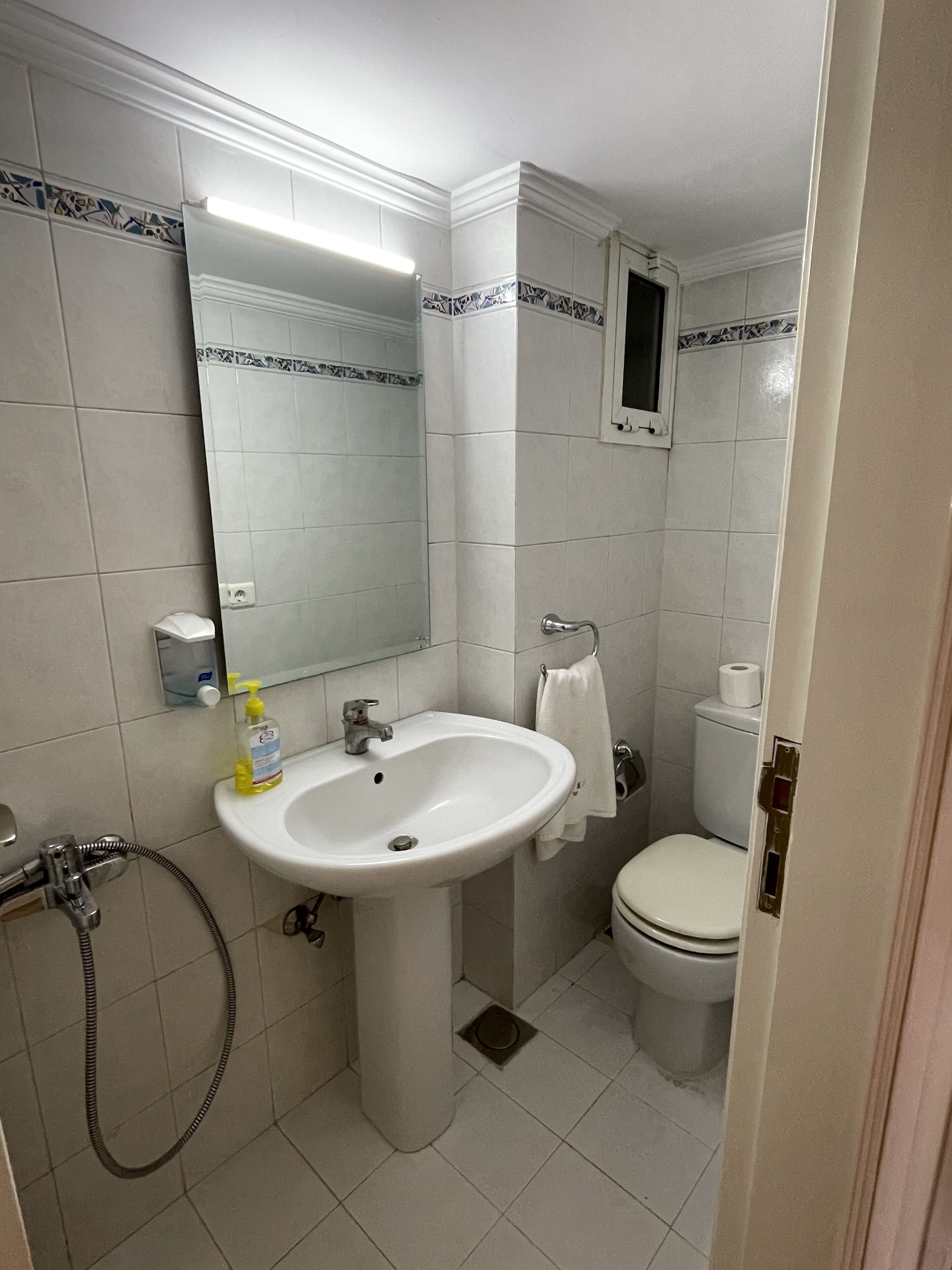 A bathroom with a white sink, a mirror, a toilet, and a shower.