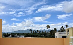 A coastal view with mountains in the background, palm trees, and buildings with balconies.