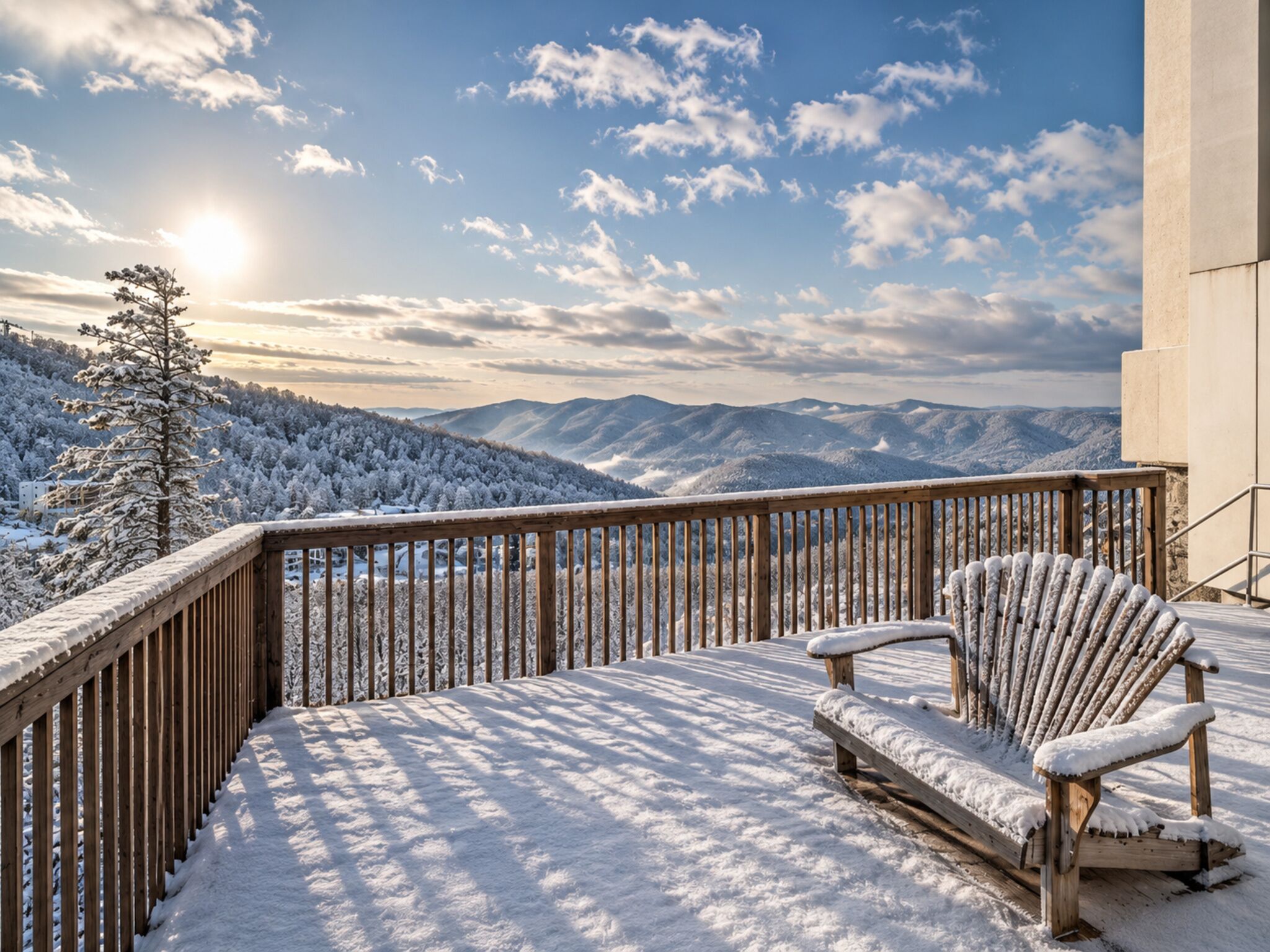 Cubierta nevada con una silla de madera y vistas a montañas cubiertas de nieve.