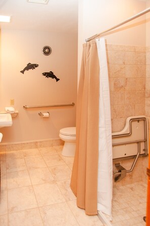Une salle de bain équipée de toilettes, d’un lavabo et de barres d’appui.