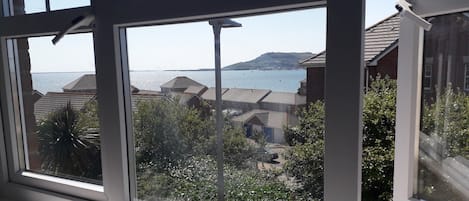 Uitzicht door een raam op een woongebied met huizen, een waterpartij en een heuvel in de verte.