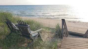 On the beach, sun loungers