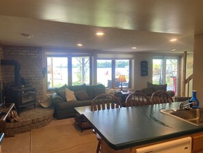 Smart TV, chimenea, reproductor de DVD y libros 