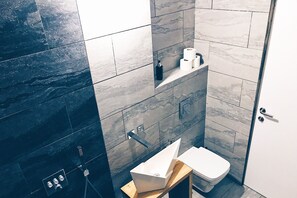 Hair dryer, towels, shampoo, toilet paper