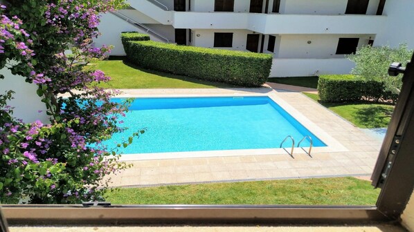 A rectangular swimming pool with a clear blue water surface, surrounded by a well-maintained lawn and hedges.