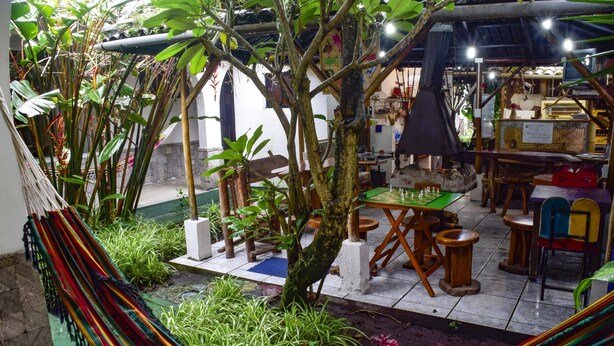 Un jardín interior acogedor con una hamaca, mesas y sillas de madera, rodeado de abundante follaje y plantas.