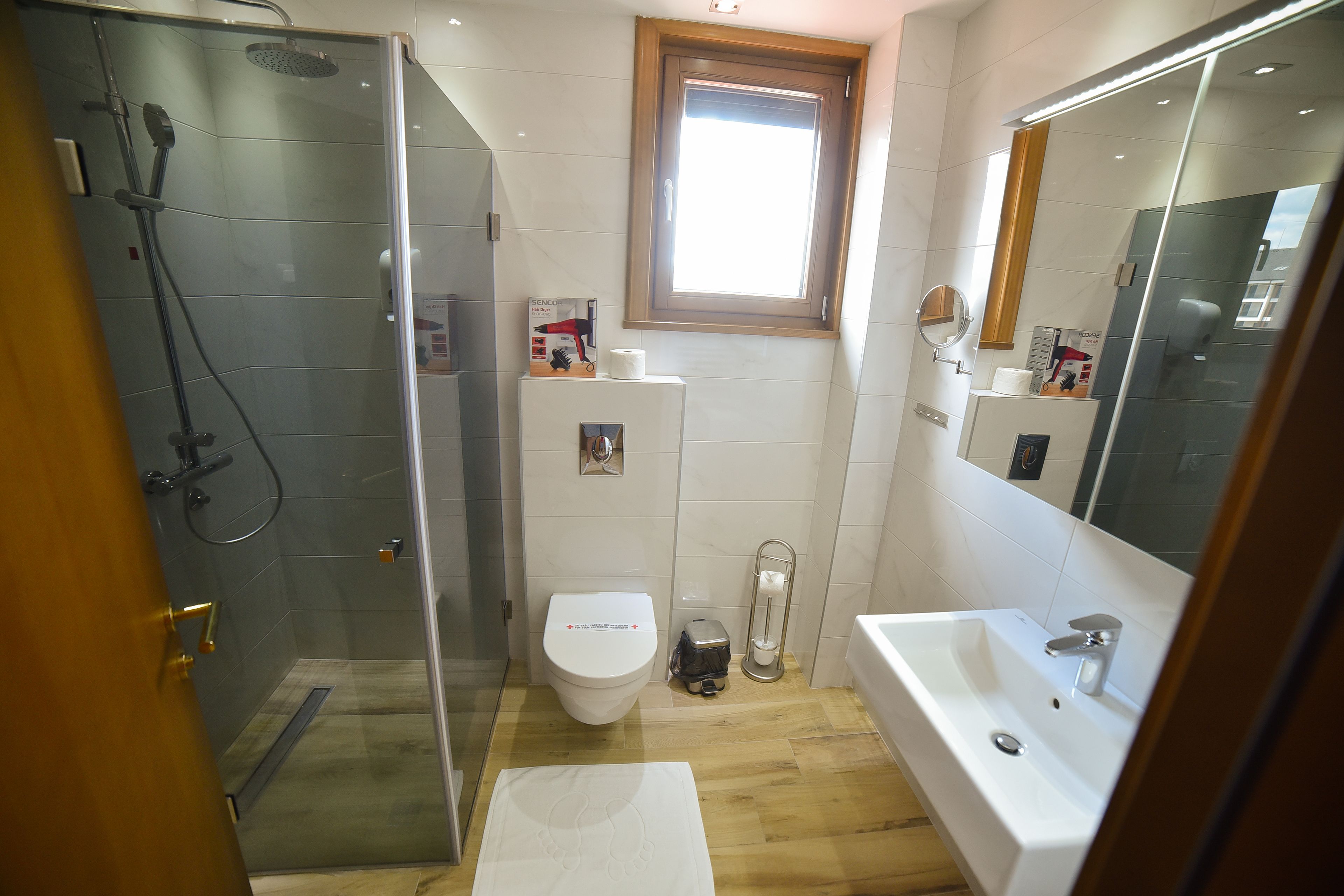 A modern bathroom with a glass-enclosed shower, a toilet, a sink, and a large mirror.