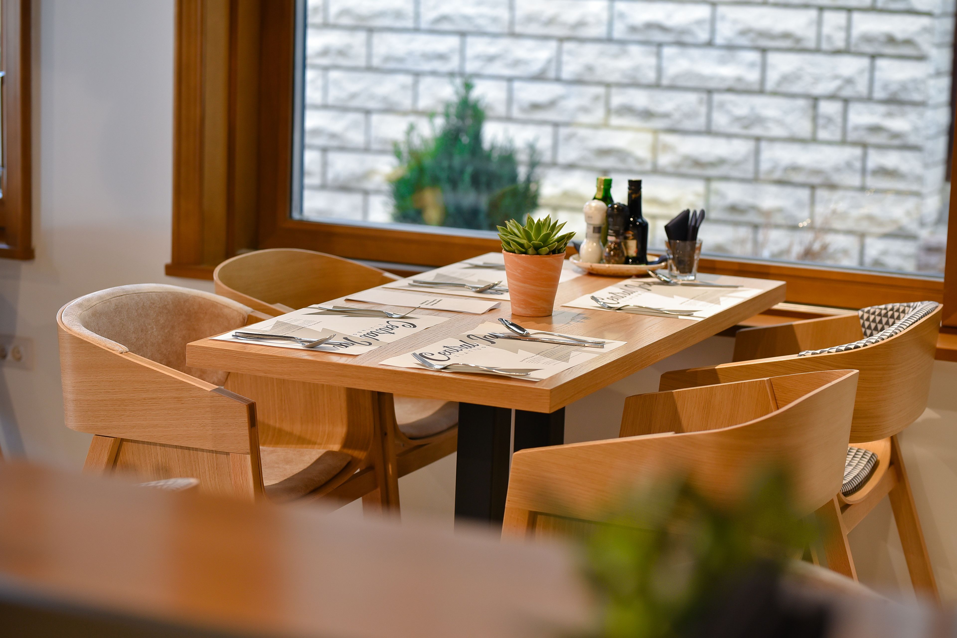 Un comedor con mesa de madera, sillas, una planta en maceta y una ventana con vista a un muro de ladrillo.