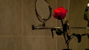 Un baño con espejo, una rosa y un perchero.
