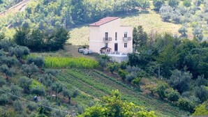 A two-story building with a flat roof, surrounded by olive groves and a hilly landscape. - Casa Maya With Private Pool (Serramonacesca)