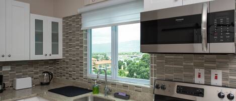 冷蔵庫、電子レンジ、オーブン、コンロ