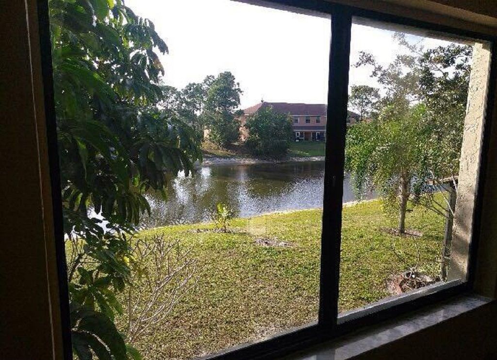 Vista pela janela de uma área gramada, com um corpo d'água e um edifício ao fundo.