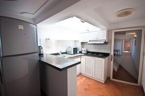 Kühlschrank, Mikrowelle, Herdplatte, Kochgeschirr/Geschirr/Besteck