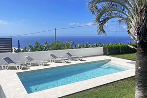 Ein Pool mit Liegestühlen, Blick auf den Ozean und eine Palme.