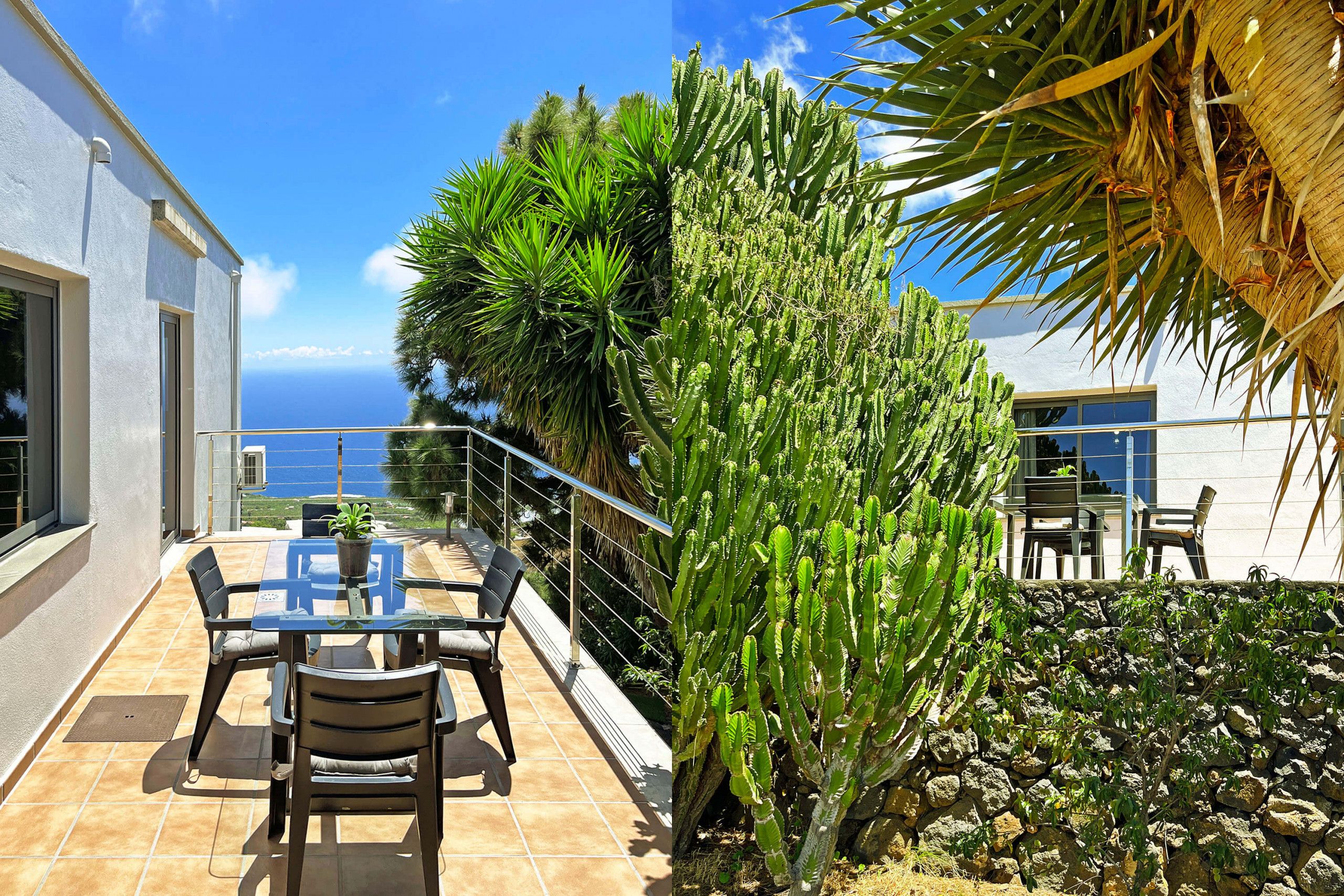A balcony with a table and chairs, a large cactus, and a view of the sea.