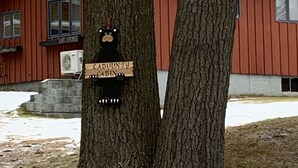 Un letrero de madera con la figura de un oso y el texto "LABOONY CABIN" sujeto a un árbol.