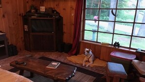 Interior acogedor de una cabaña con piso de madera, un sofá, una mesa de centro, un televisor y un ventanal con vistas al exterior.
