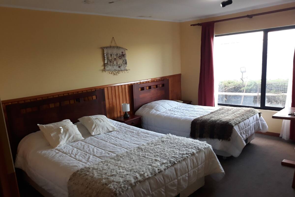 Une chambre d’hôtel avec deux lits, une tête de lit en bois, une table de chevet, une lampe, une décoration murale et une fenêtre donnant sur un paysage.