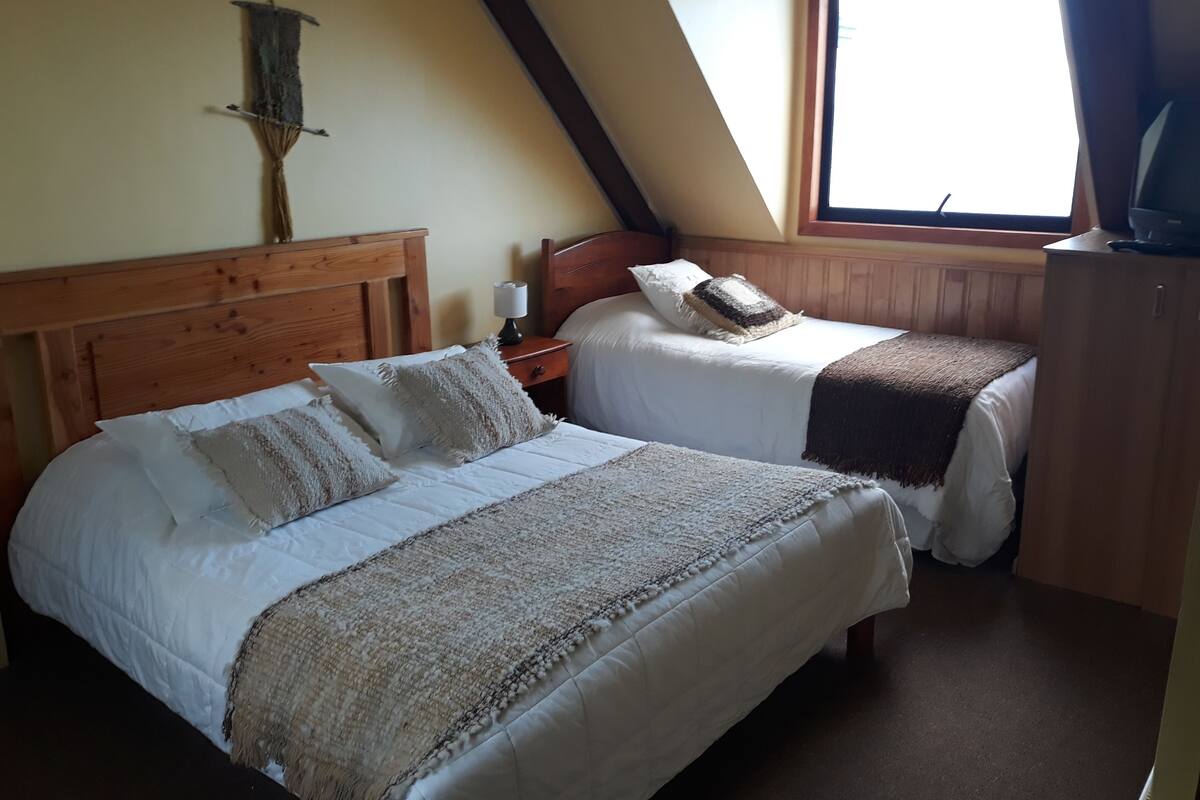 Une chambre avec deux lits, des têtes de lit en bois, une fenêtre avec des rideaux et une petite table de chevet avec une lampe.