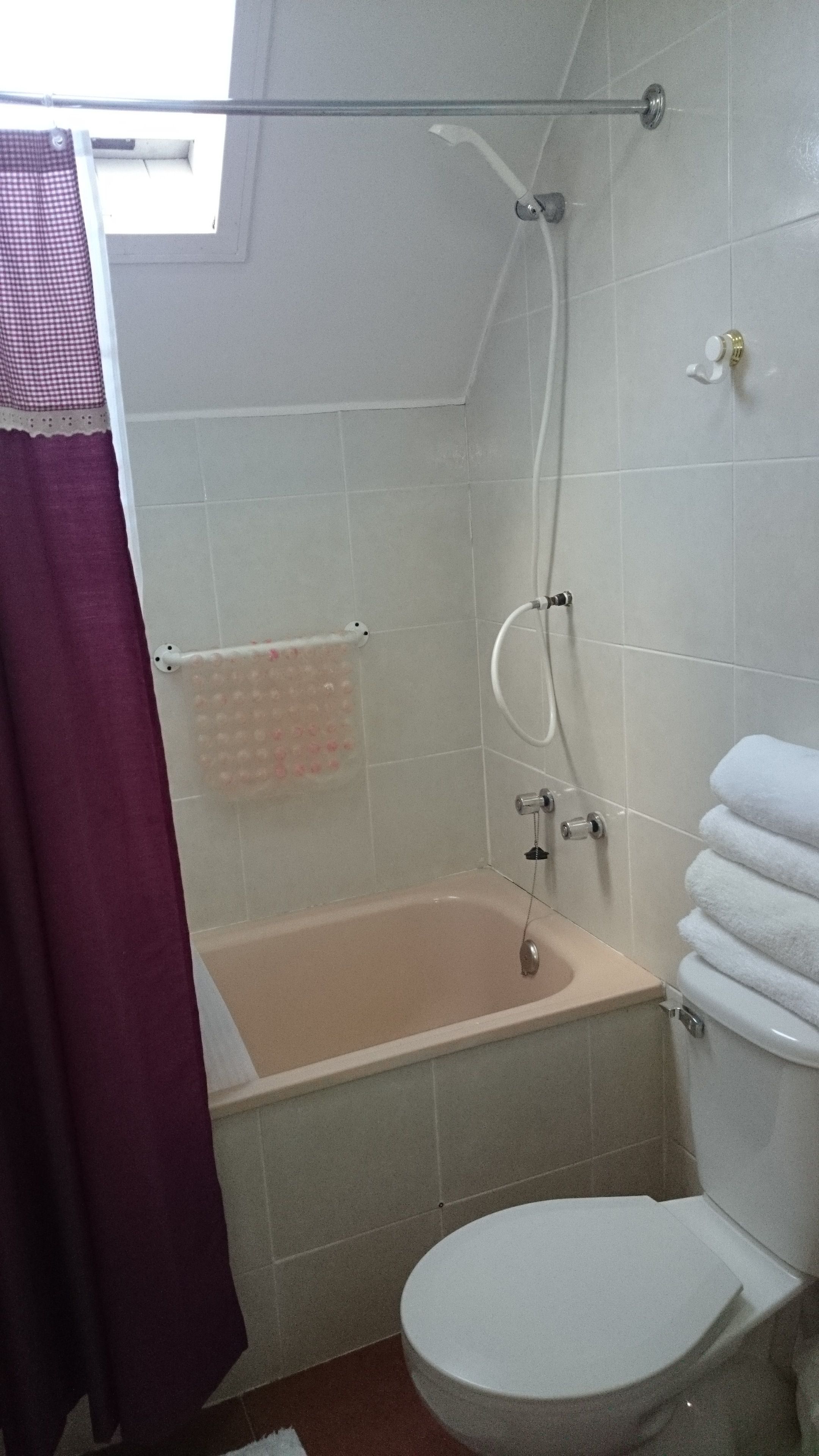 A bathroom with a bathtub, toilet, and shower.