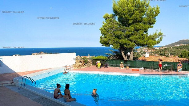 A swimming pool with clear blue water, surrounded by a white pool deck and a large tree. - 4AMB2 - Pleasant villa with shared swimming pool (COLLIOURE)