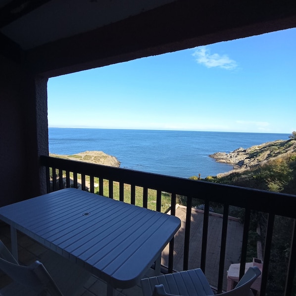 A balcony with a view of the ocean and rocky coastline.