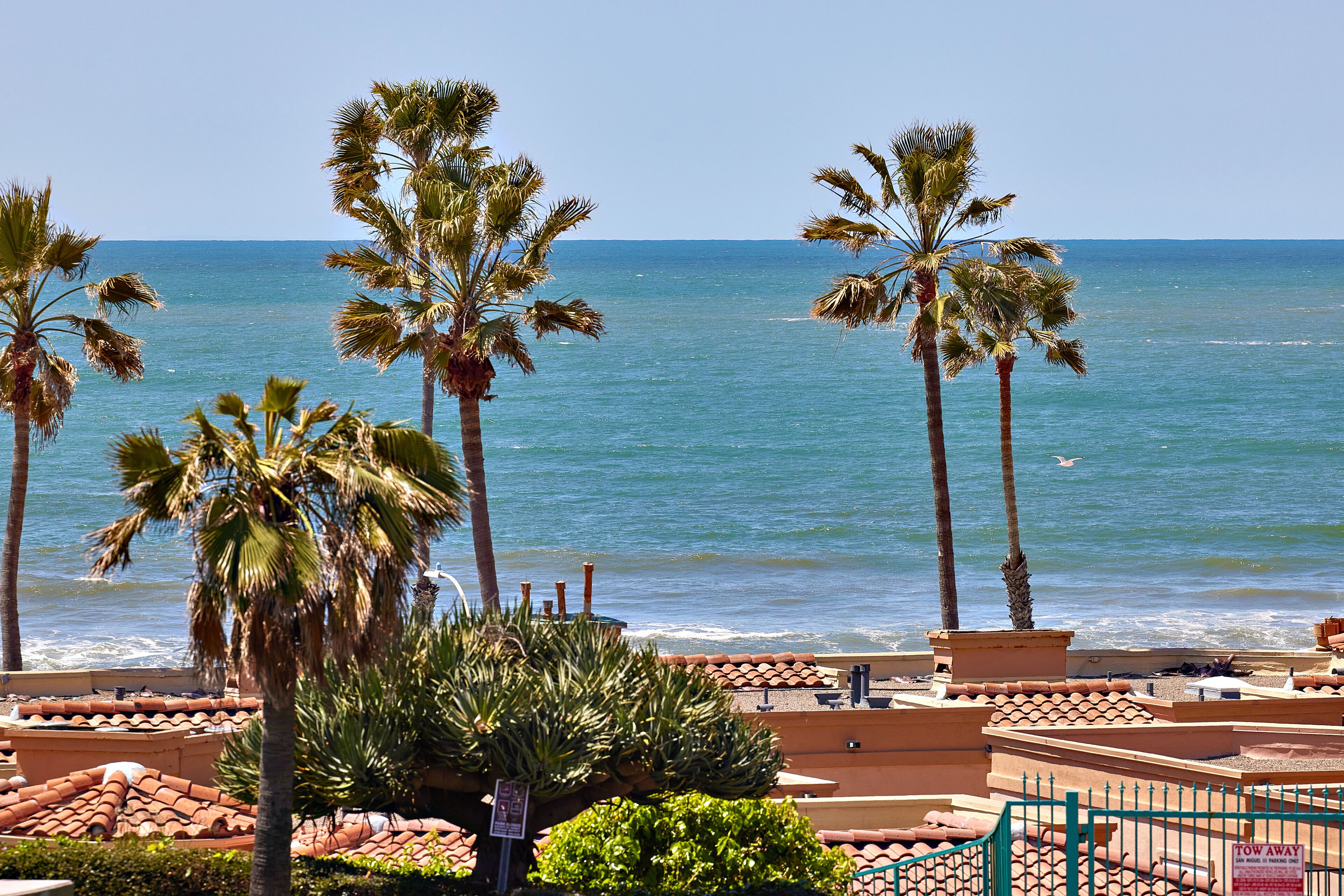 A coastal hotel with palm trees, terracotta roofs, and a view of the sea.